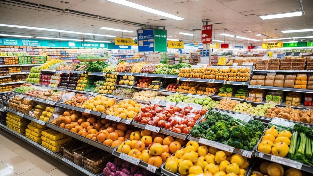 推开门就撞进满室凉，货架像整齐的积木，码着五颜六色的生活。
 
生鲜区的阿姨正翻