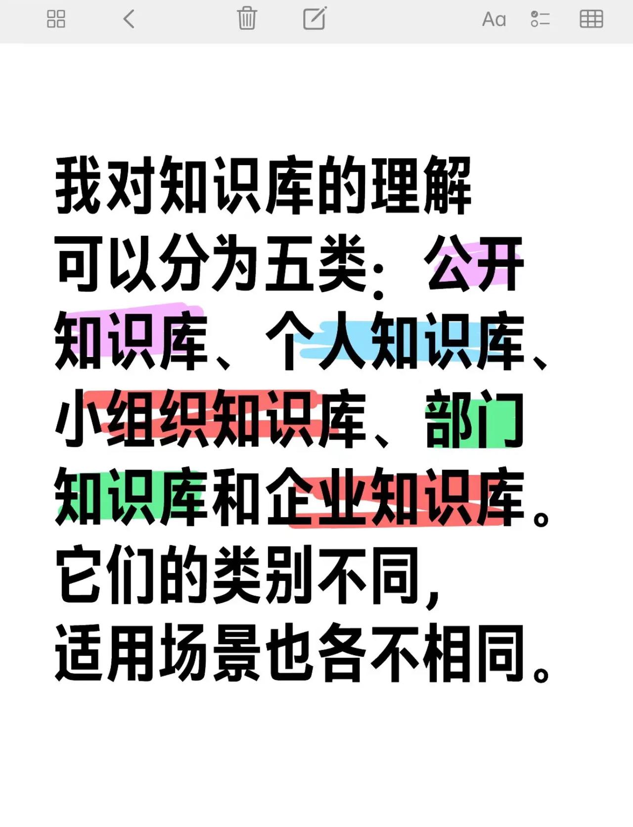 我对知识库的理解可以分为五类：公开知识库、个人知识库、小组织知识库、部门知识库和