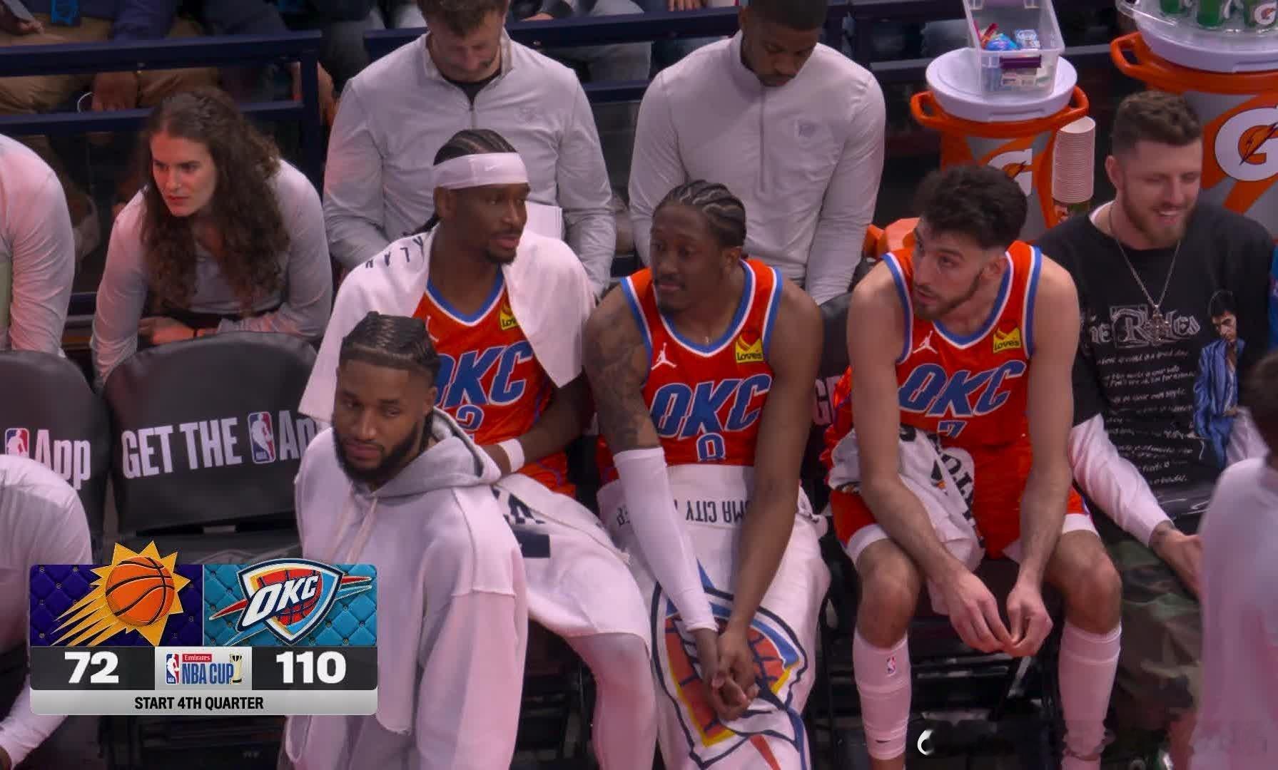 NBA 雷霆队三节过后领先38分……亚历山大第四节肯定坐冷板凳了。亚历山大提前打