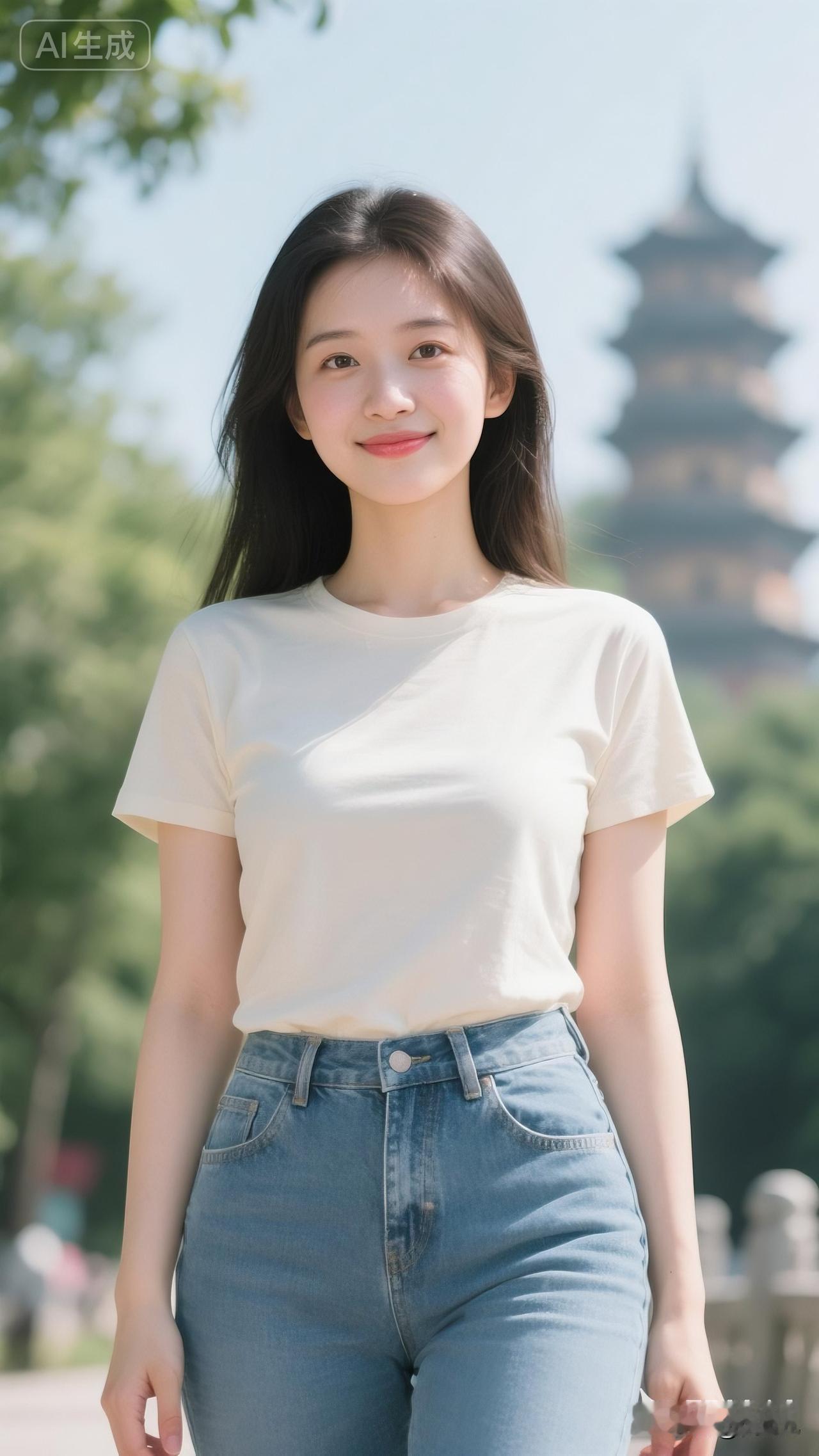 简约素净的浅色T恤，搭配经典高腰牛仔裤。
日常出门穿什么？大家更青睐紧身简约风，