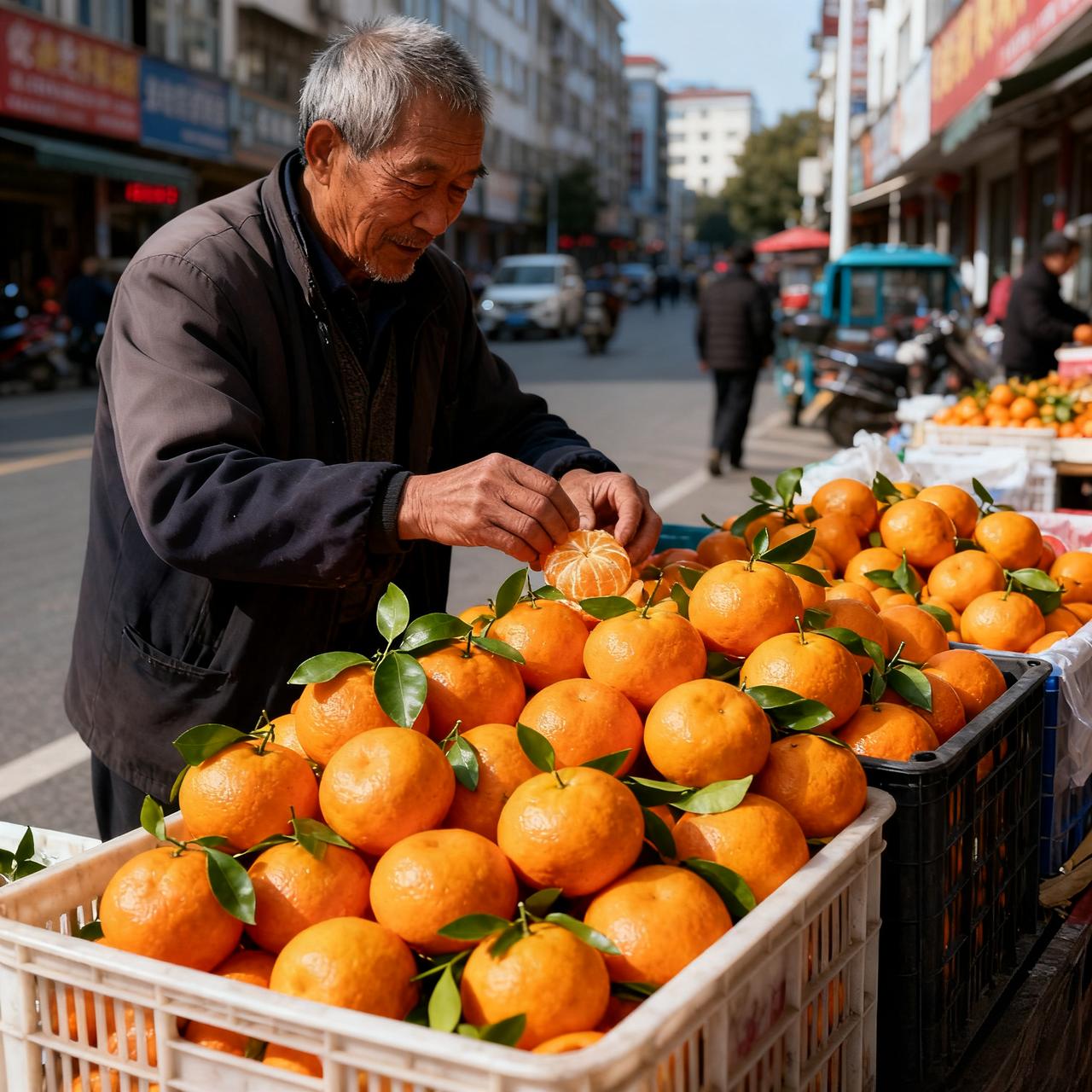 要被自己蠢笑了！
刚刚下楼取快递，
看见小区门口一大爷卖砂糖橘，
红彤彤堆得像小