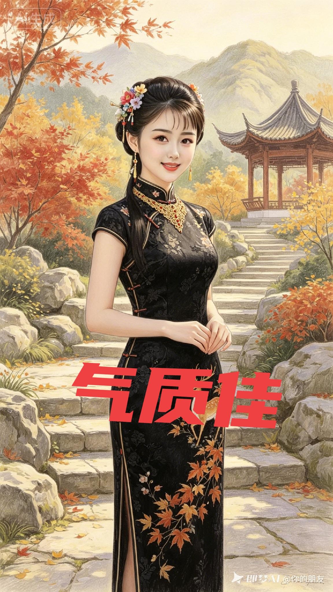 温婉旗袍女性，低盘发玉兰花玉簪配饰；黑色暗纹织锦旗袍，刺绣秋枫灵鹿纹样，山间青石