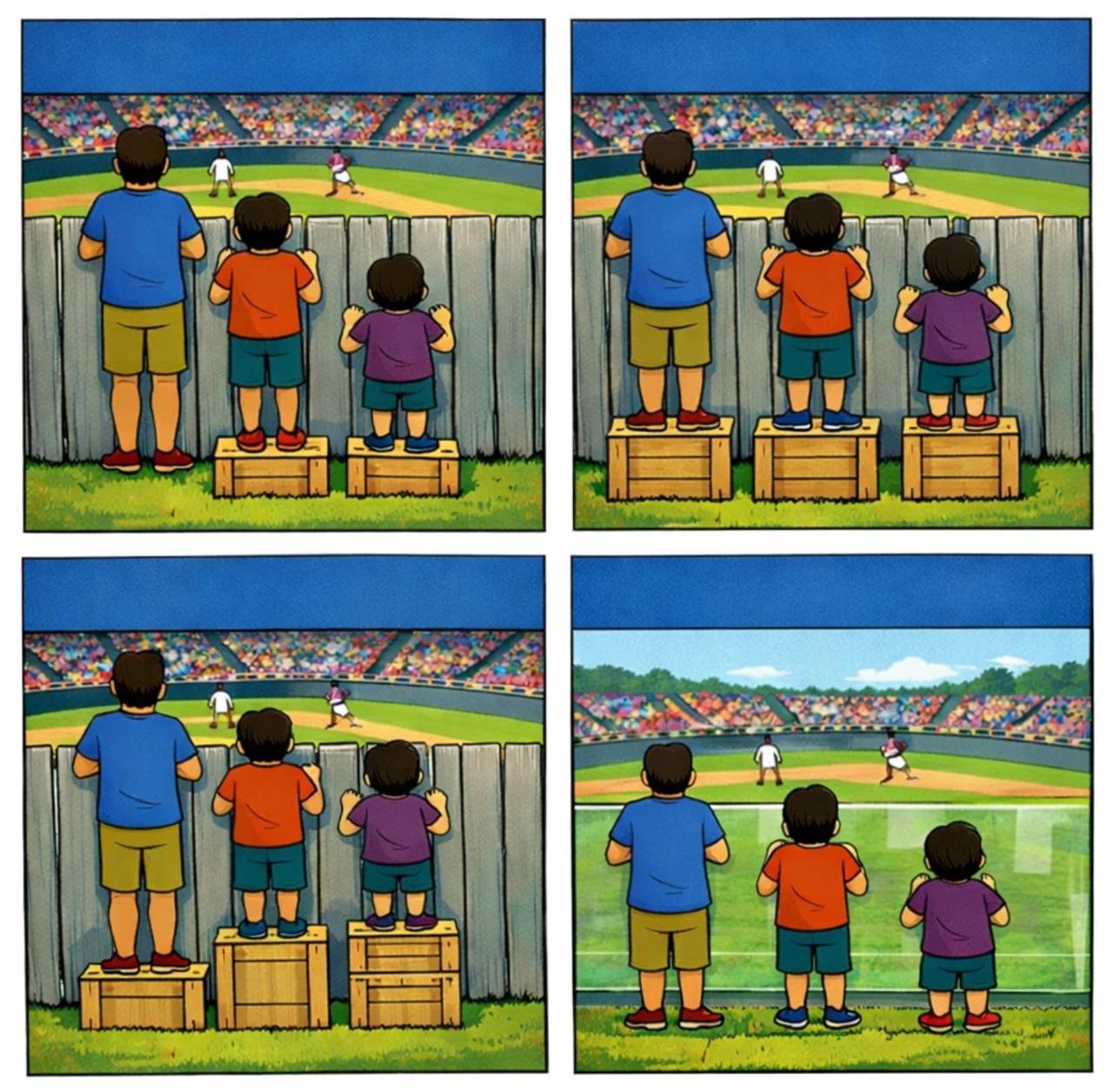 请问图中哪个是平等、哪个是公平、哪个是公正？