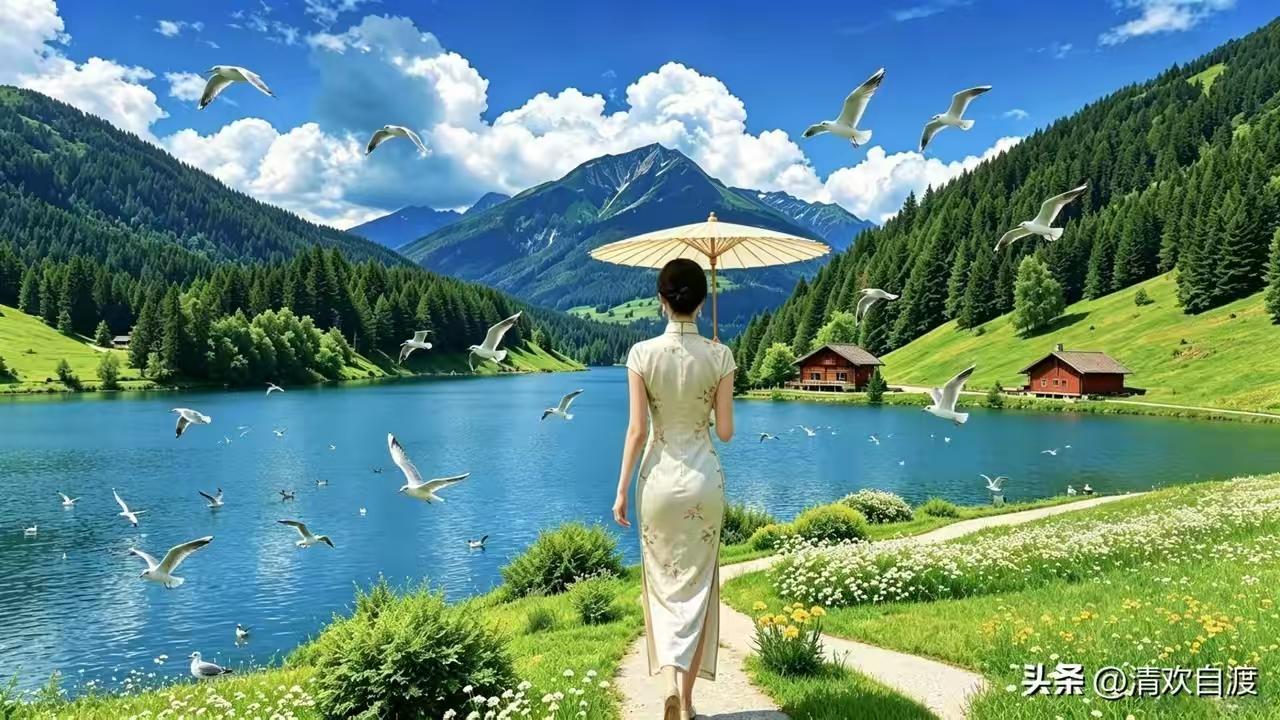 塞鸿秋·湖山闲步
青山叠翠清波绕，
晴光漫染汀洲草。
旗袍缓步清风袅，
轻伞漫入