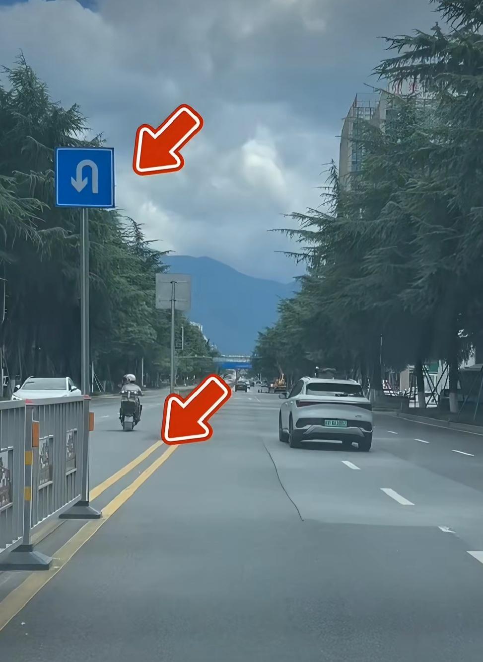 请问一下老司机们，这个地方能掉头吗? 
标牌显示可以掉头，但地上是双黄实线，这不