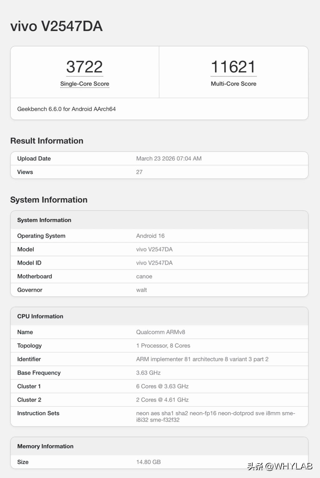 疑似 vivo X300 Ultra 的 Geekbench 6 跑分出炉，型号