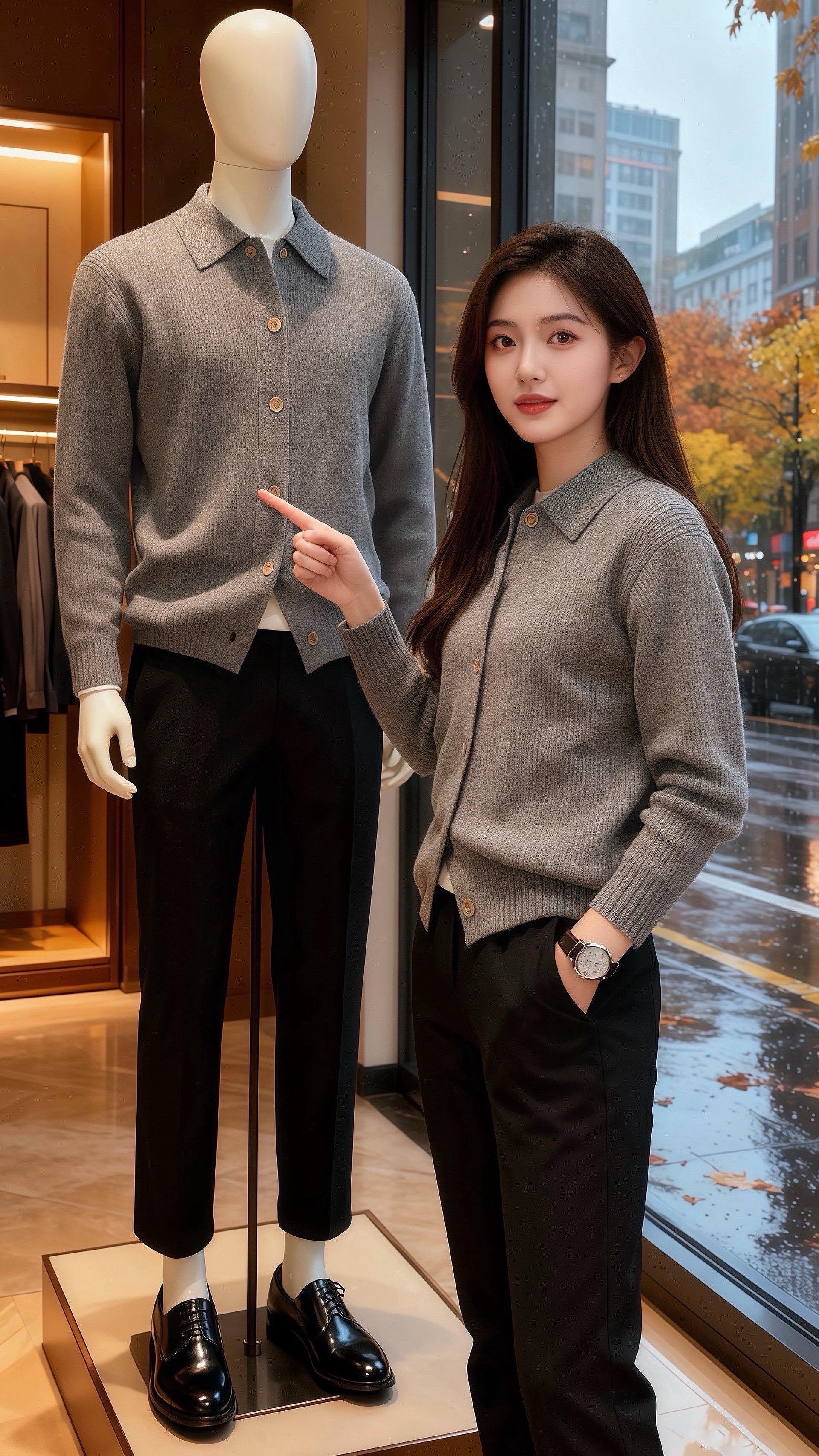 《灰调秋光里的同频》  咖啡馆的暖光裹着她的灰调开衫，细密的坑条纹理衬...