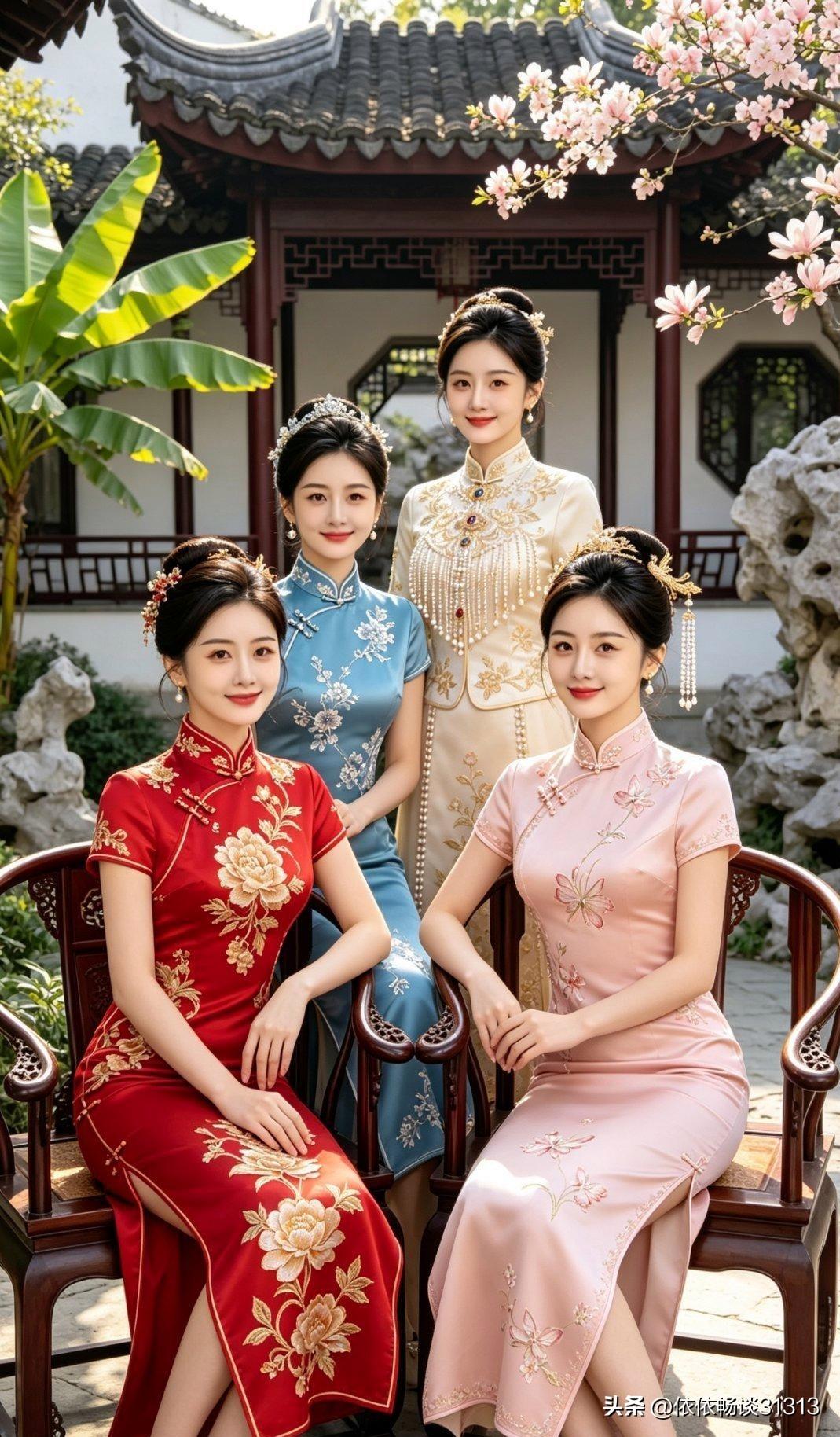 逛园林闲逛时撞见四位旗袍小姐姐同框，风格差得老远，纠结半天实在选不出心头好！
