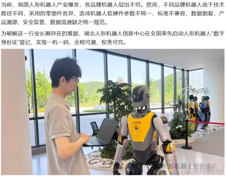 【人形机器人即将“上户口”】今日，湖北人形机器人创新中心在全国率先启动人形机器人