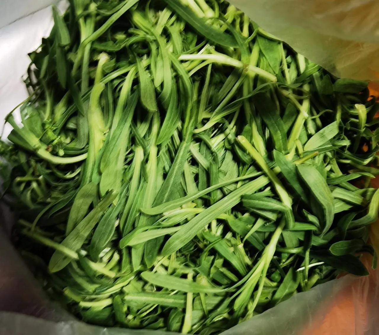 我是第一次看到这种“面条菜”，是老公网上买的，说是放点玉米面做“糠乎”吃。

我