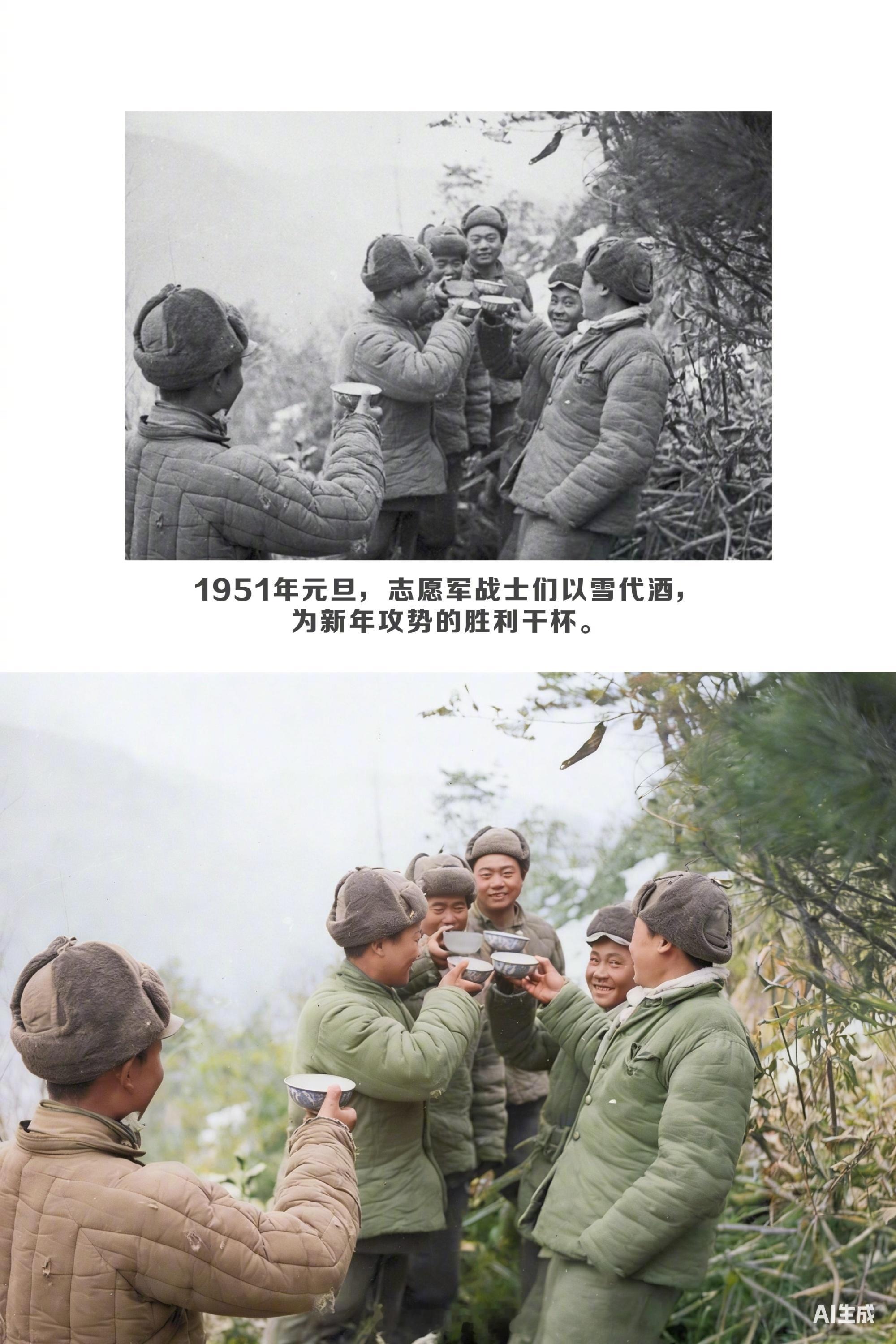 春节摄影大赛【珍贵的照片：AI还原抗美援朝老照片色彩】慰问演出时绽放的笑容、以雪