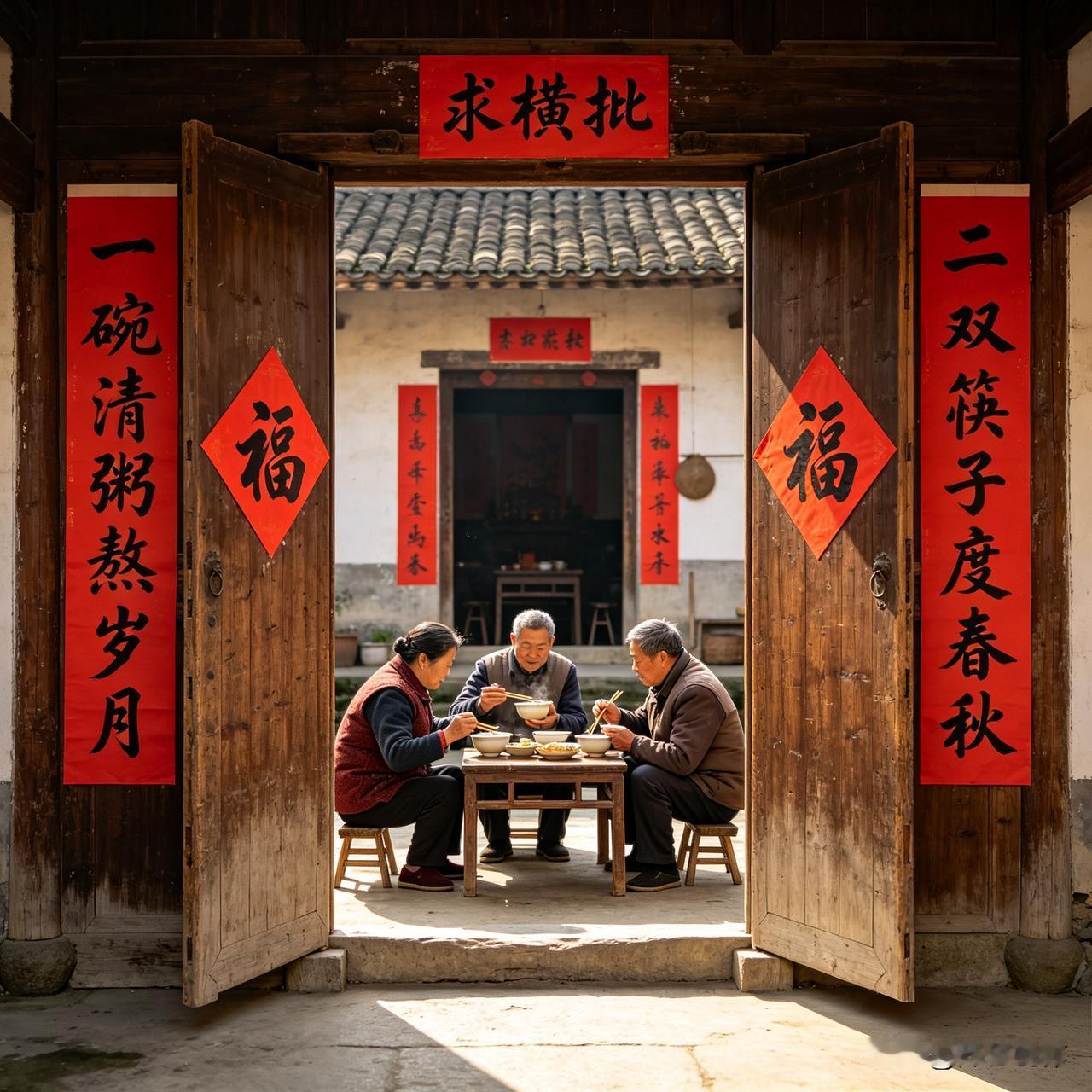 上联：一碗清粥熬岁月
下联：二双筷子度春秋
 
这副联满是烟火气，清粥慢熬藏着日