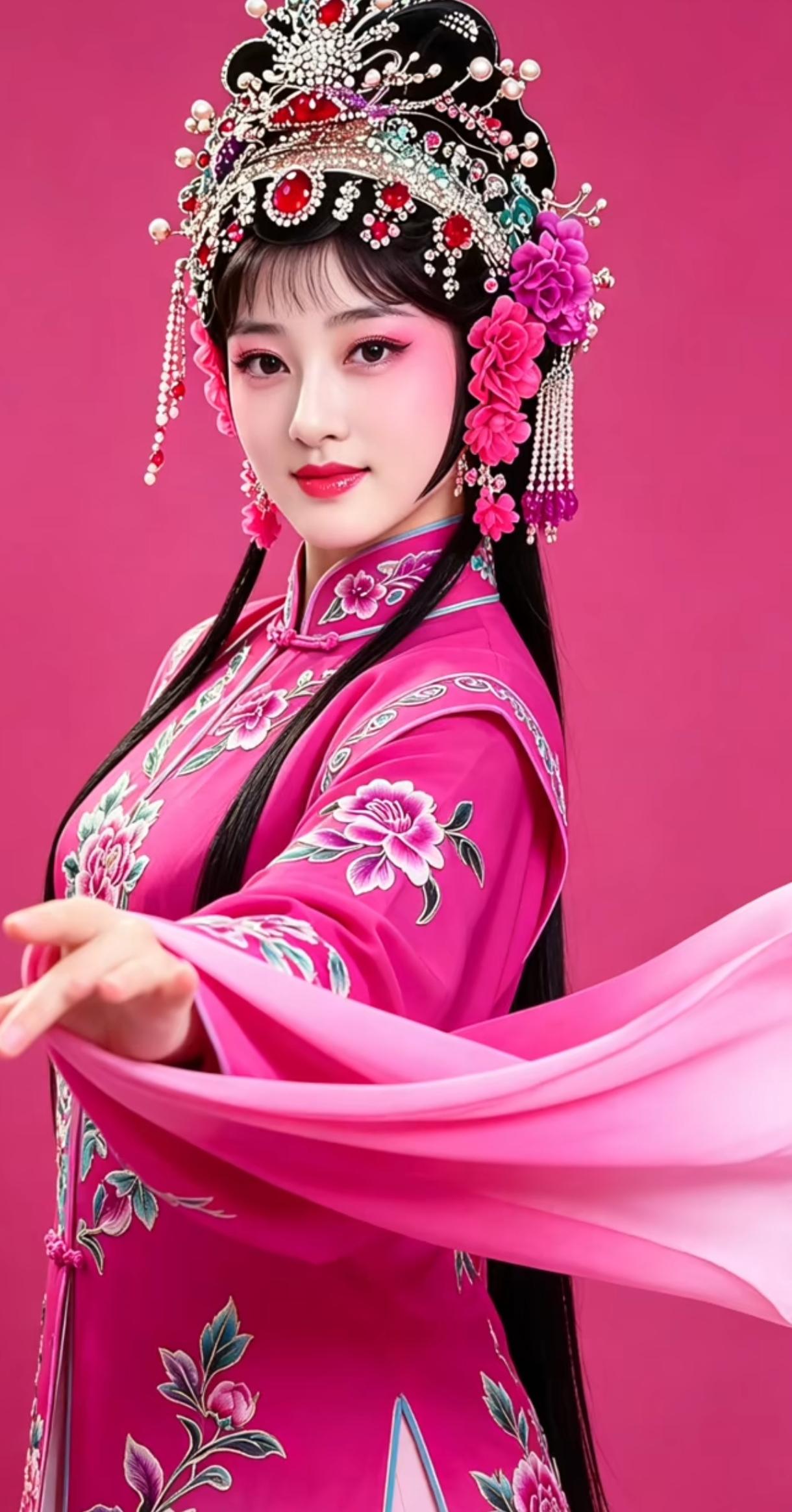 惊艳的古典美人，粉色的传统服饰，精致的妆容和华丽的头饰，让人仿佛置身于古代宫廷。