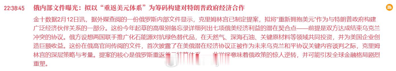 俄罗斯内部备忘录提及回归美元体系(金十数据APP) 