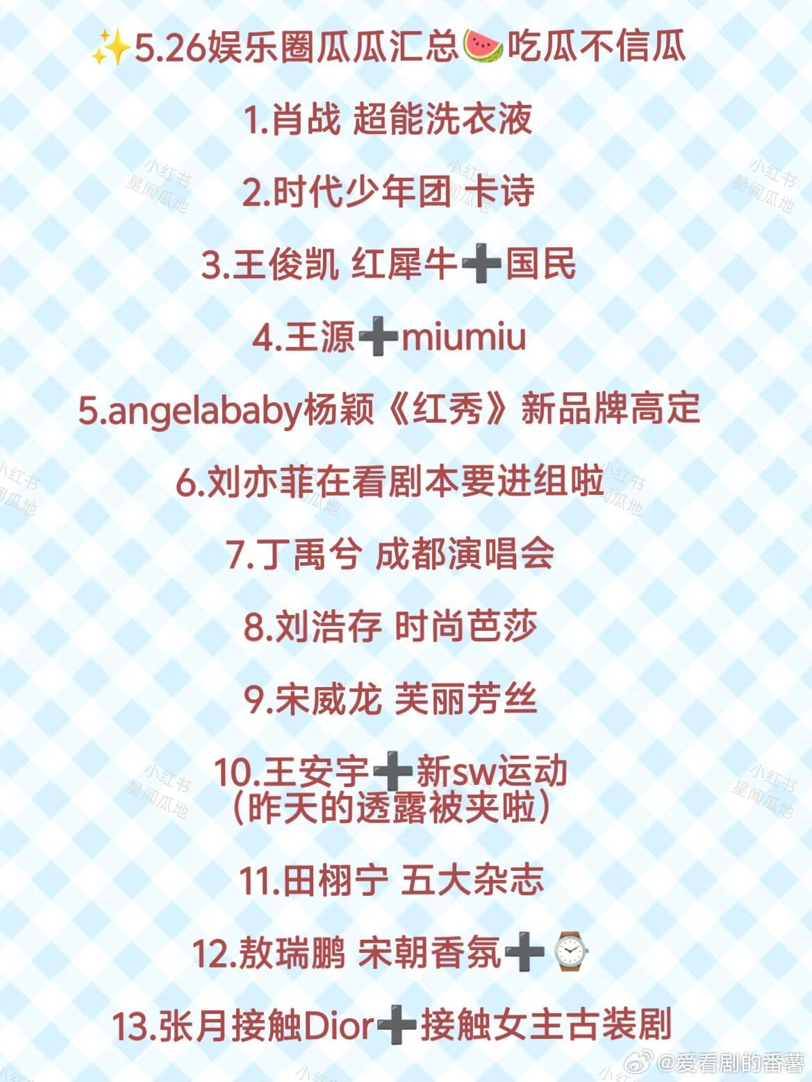 5.26娱乐圈吃瓜汇总🍉1.肖战 超能洗衣液2.时代少年团 卡诗3.王俊凯 红