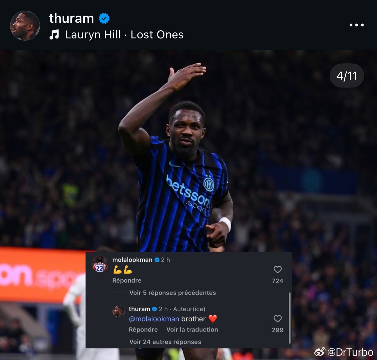 卢克曼评论了图拉姆的社交媒体：💪💪图拉姆也进行了回复：兄弟❤️那不勒斯1比0