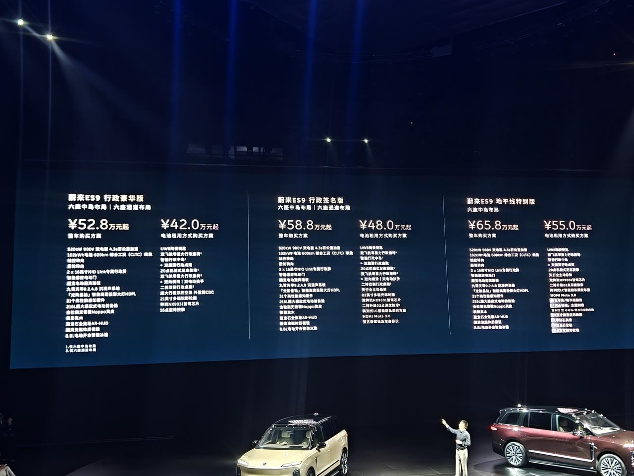 蔚来ES9发布了！先说一下价格，蔚来ES9提供行政豪华版、行政签名版、地平线特别