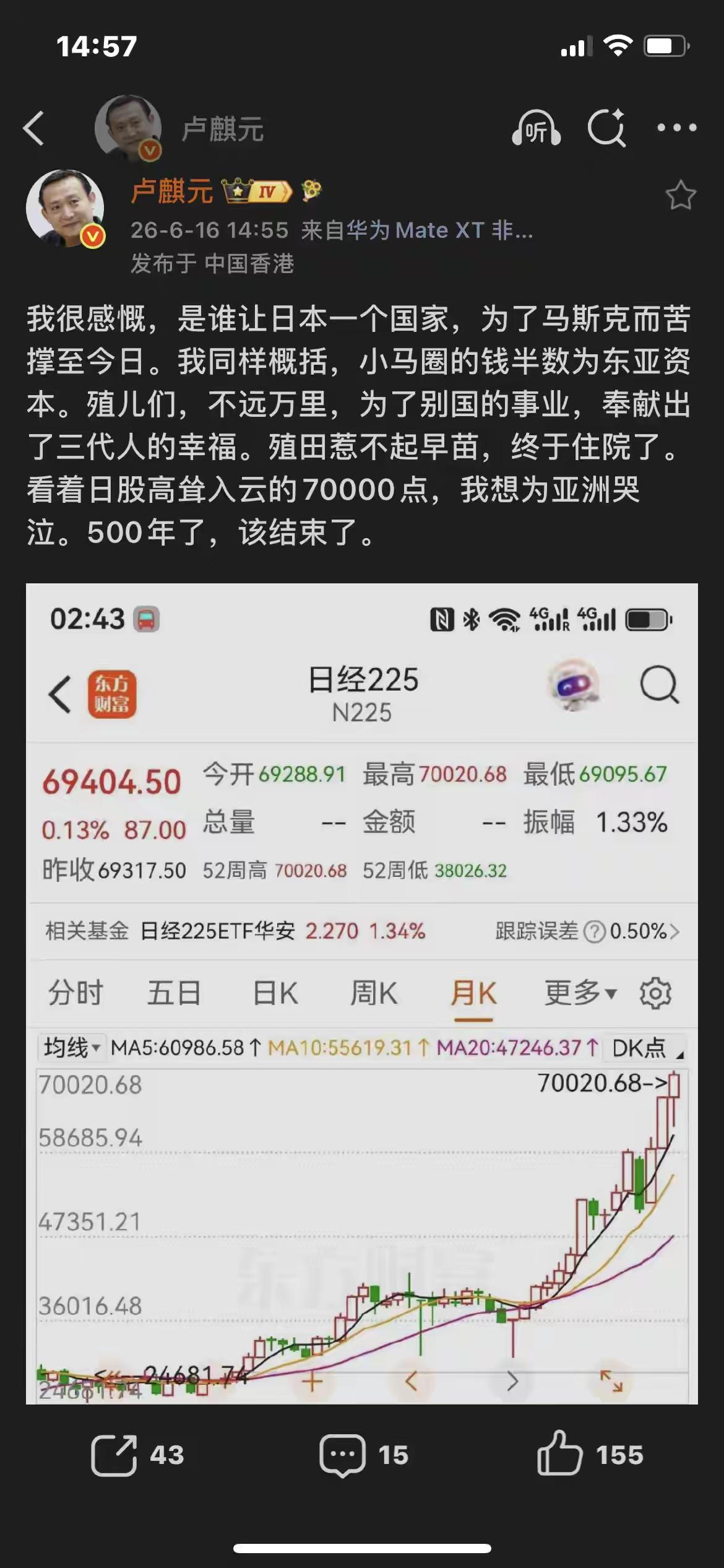 卢麒元看到日经225冲破7万点的行情感慨：日本经济高度依附马斯克代表的美国科技资