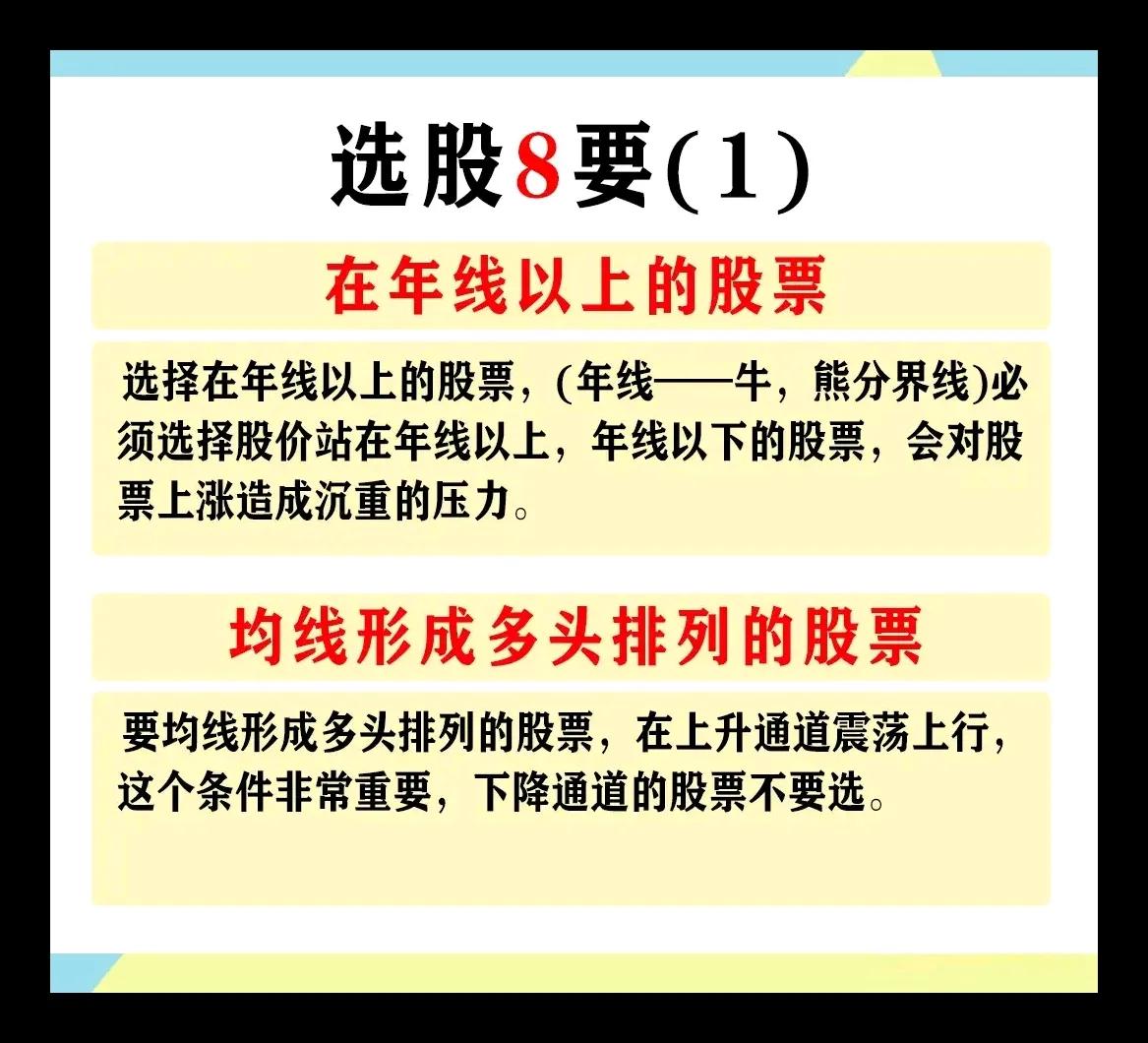如果想要做好股票，选股8要选股十不要一定要学会学精。
选股8要：
1、要选年线以