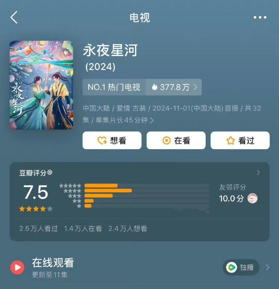 永夜星河豆瓣开分7.5好快啊，才刚开播第五天就开分了，希望后面的剧情能稳住现在的