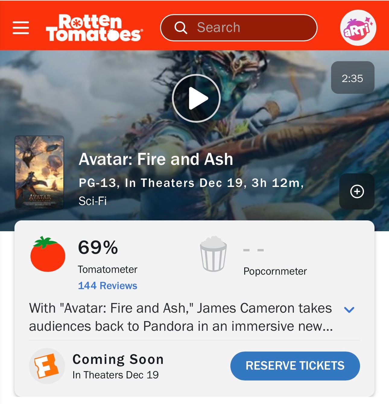 《阿凡达3》媒体口碑解禁，目前烂番茄新鲜度69%，Metacritic综合均分6