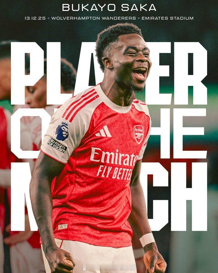 阿森纳官方宣布，经球迷投票，萨卡当选本场比赛队内最佳球员 英超联赛 阿森纳2比1