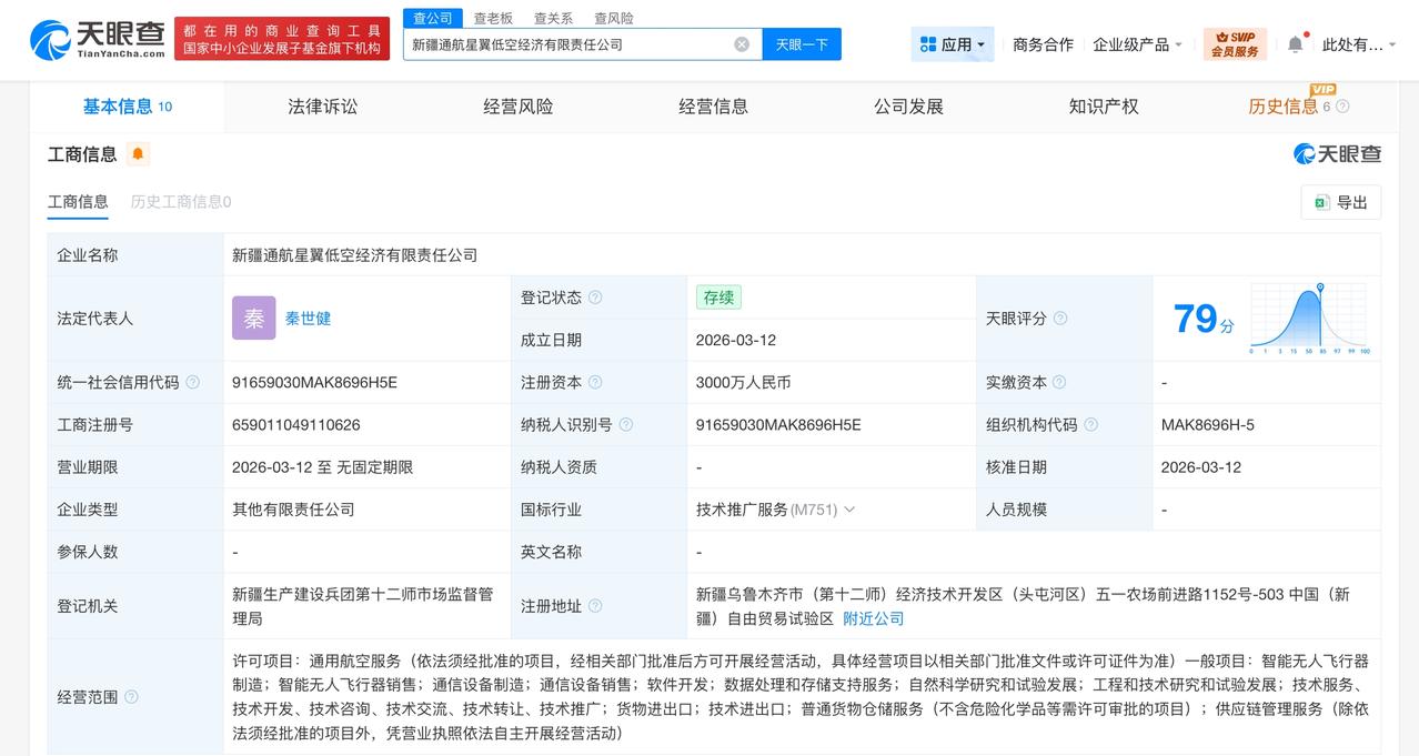 新疆通用航空等成立低空经济公司 注册资本3000万

天眼查工商信息显示，近日，