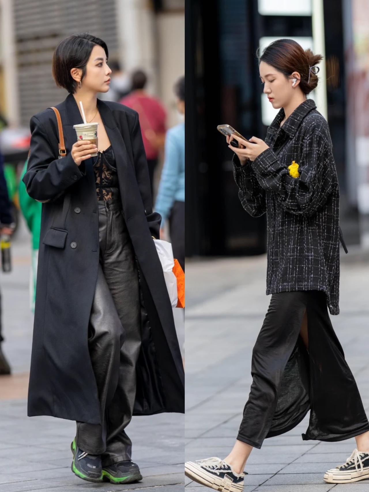 看重庆街拍才明白：满大街都在穿“一身黑”，时髦帅气贼拉风！
重庆街拍中，黑色系服