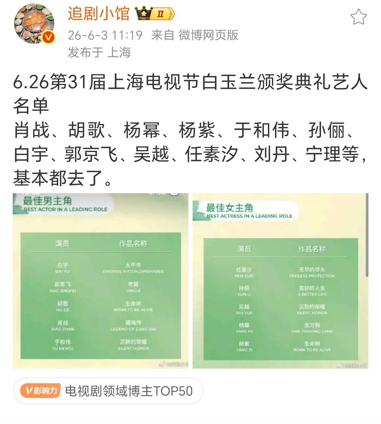 6.26第31届上海电视节白玉兰颁奖典礼艺人名单今年去这么多人呢我记得于和伟那次