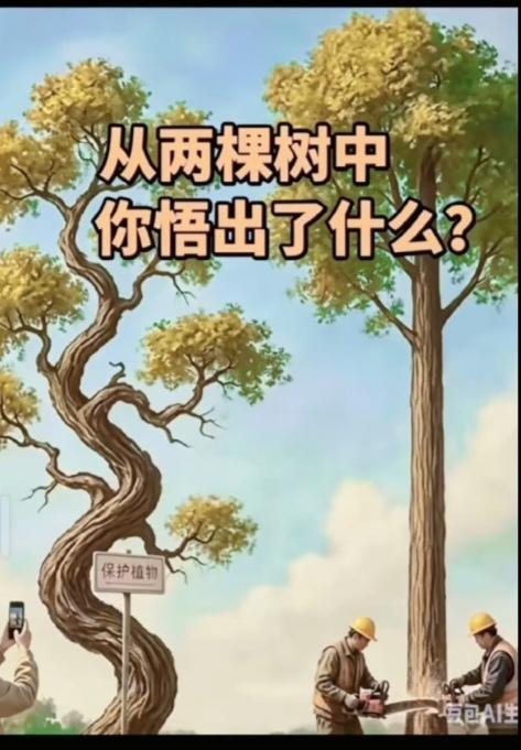 〔欣赏图片〕
图中画面真有趣；
笔直树木要伐掉；
弯曲只能做保护；
景区观赏挣门