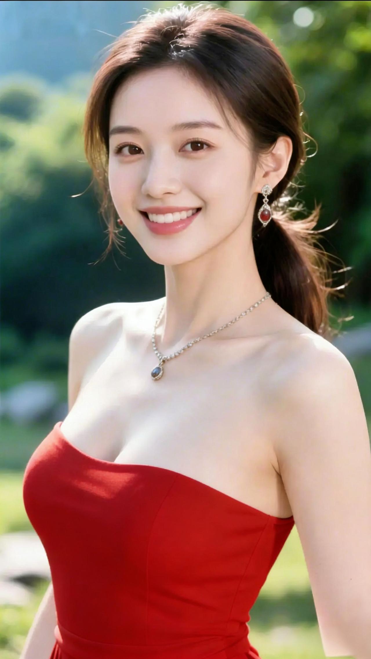 红裙绽翠揽晴光
 
一袭正红抹胸裙，将红色的热烈与山野的绿意融成了鲜活的景致。翠