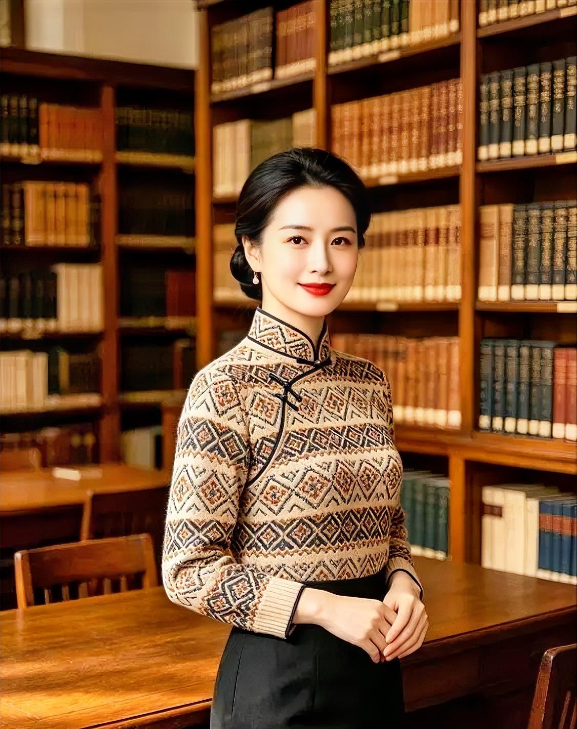 《书卷里的温婉》

立领盘扣，织就几何的温雅，

发髻轻挽，笑意漾在木色书架前。