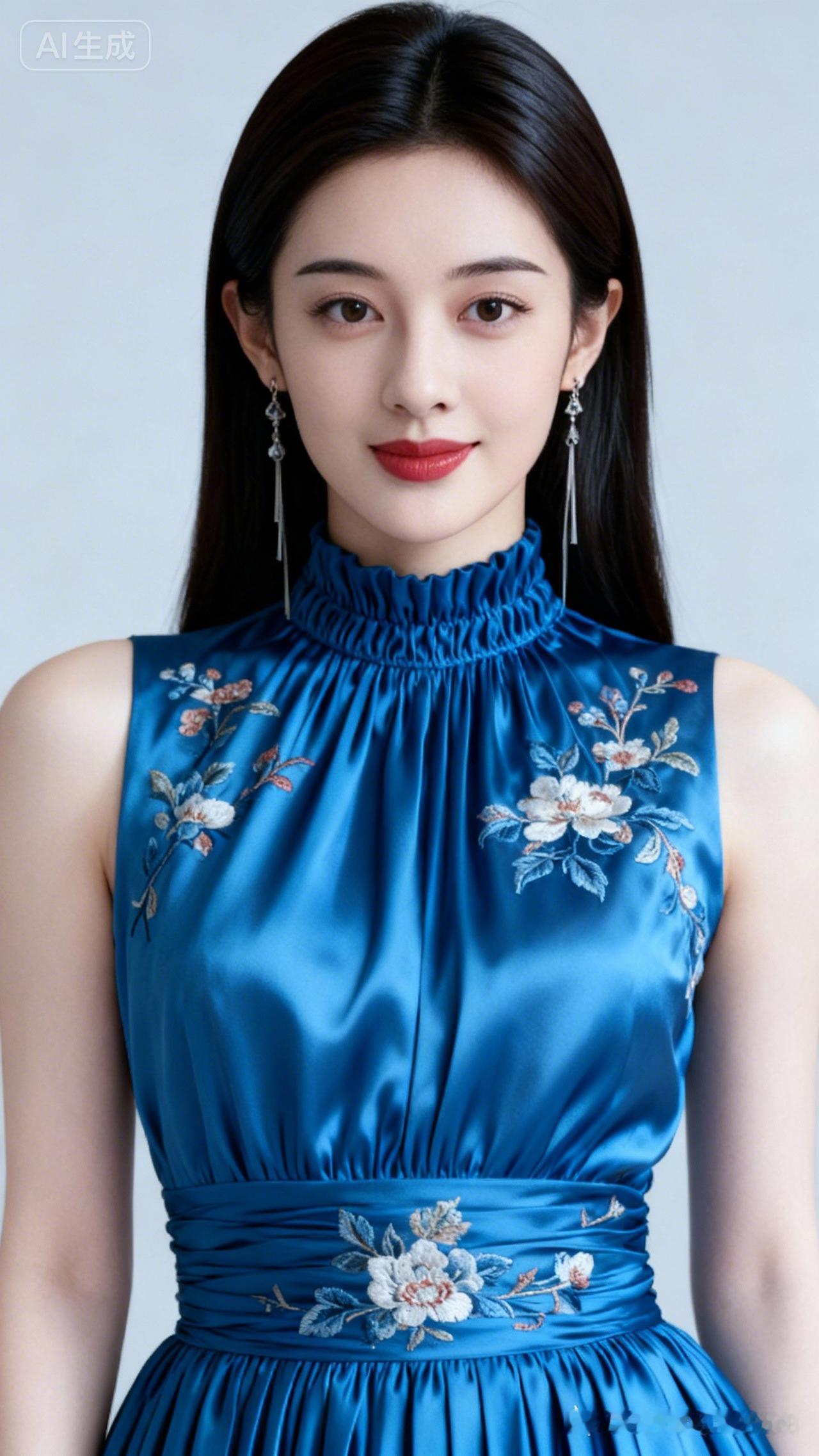 20岁美女专业人像写真，长发柔顺分明，浓眉大眼肤白，穿蓝色高档真丝刺绣掐腰褶皱无