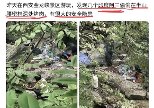 胆大包天！几名印度籍游客躲进西安金龙峡半山腰的密林深处，偷偷生起明火烤肉，专挑枝