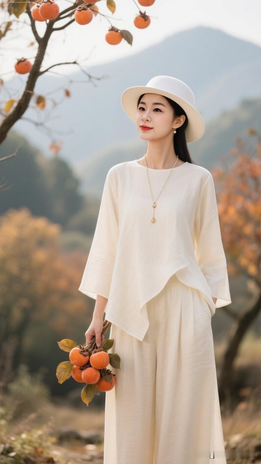 秋日山间，美人采摘红果。最美的女人什么样 秋日漫步，轻奢穿搭，感受自然的美好。