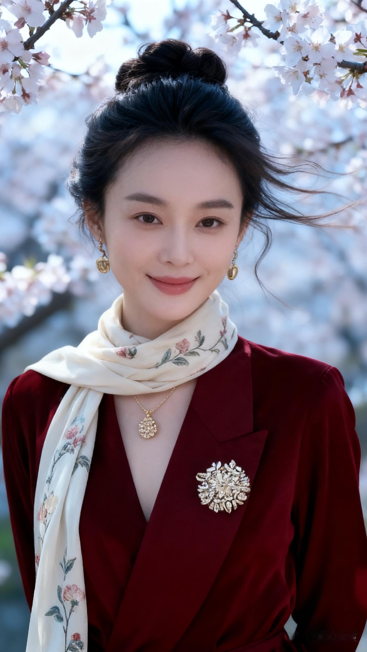 美女白皙肌肤细腻，暗红衣配浅色绣花丝巾，发丝随意盘起轻飘，精致面容浅笑温婉。