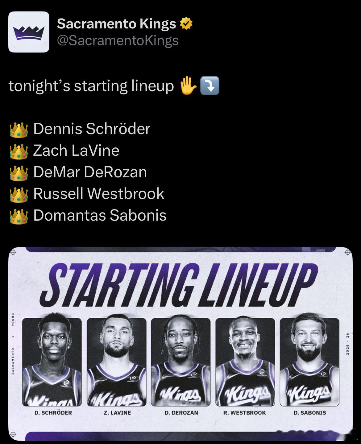 国王宣布：今天对阵雷霆，威少进入首发阵容！施罗德，拉文，德罗赞，威少，萨博尼斯新