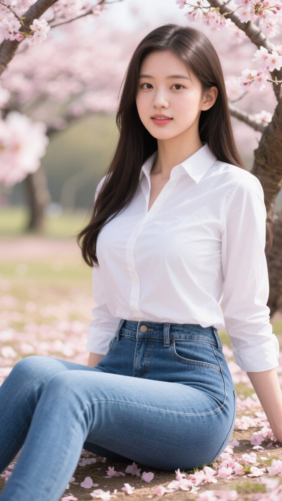 樱花树下，白衬衫少女，清新自然，美不胜收！🌸💕