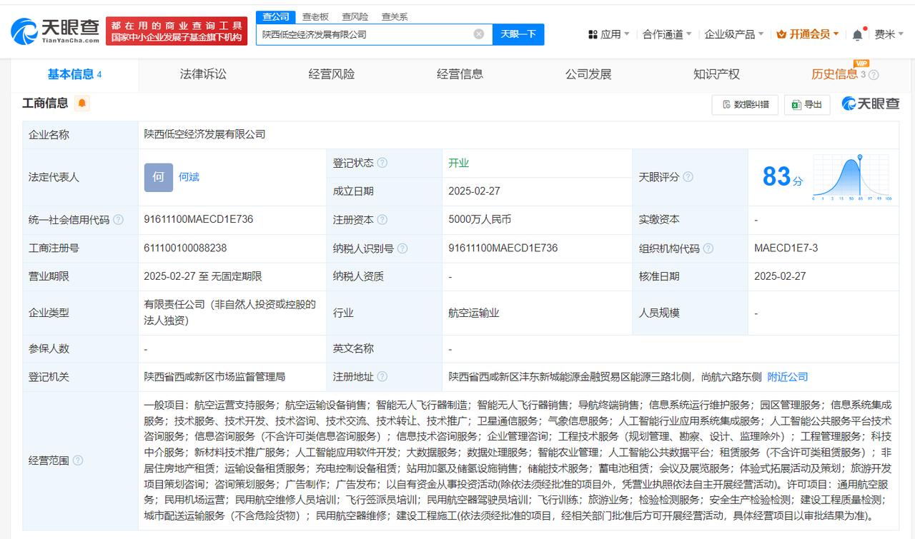 注册资本5000万
天眼查App显示，近日，陕西低空经济发展有限公司成立，法定代