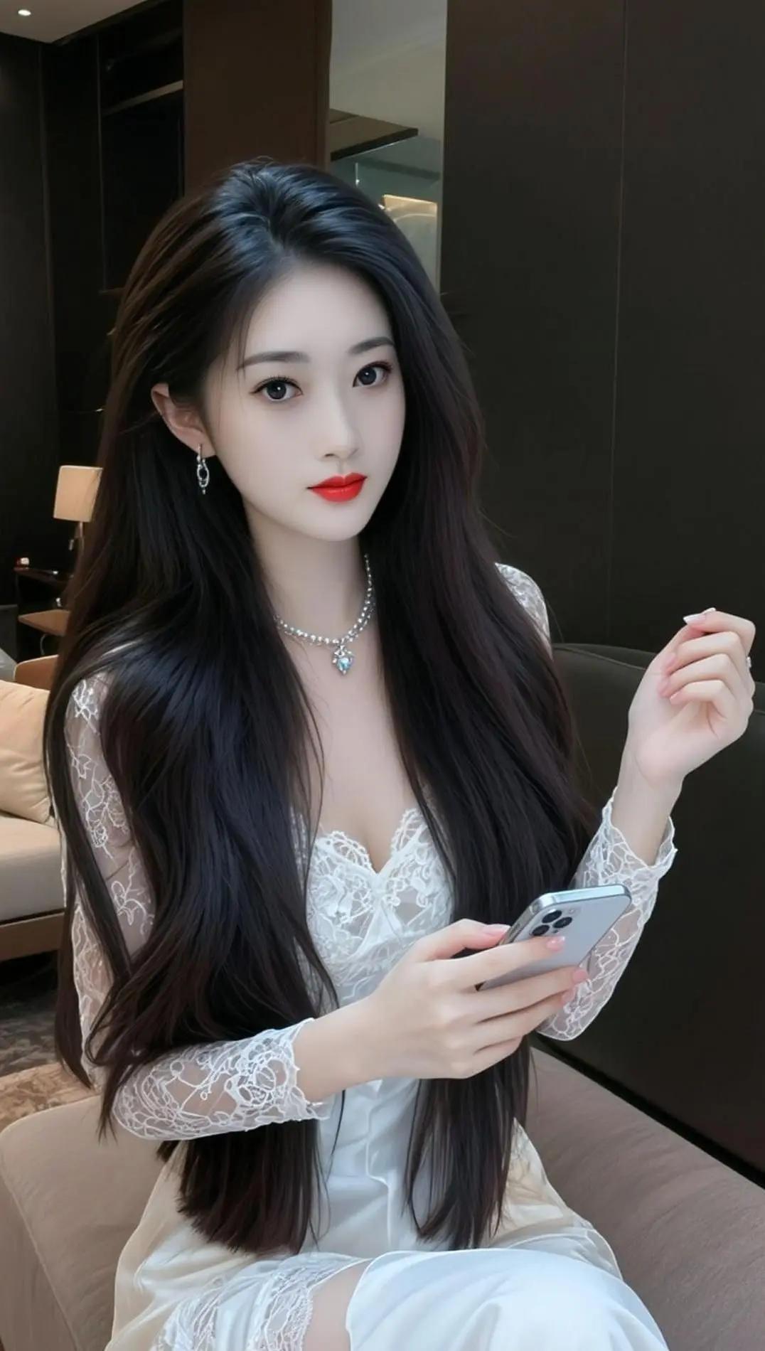 优雅白裙少女，手机轻触间，尽显时尚魅力。