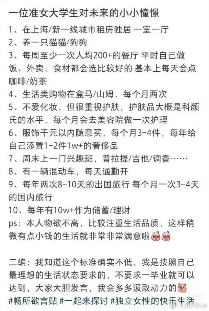 一位准女大学生对未来的小小憧憬上海税前月收入5万左右就可以过这样的生活。- 