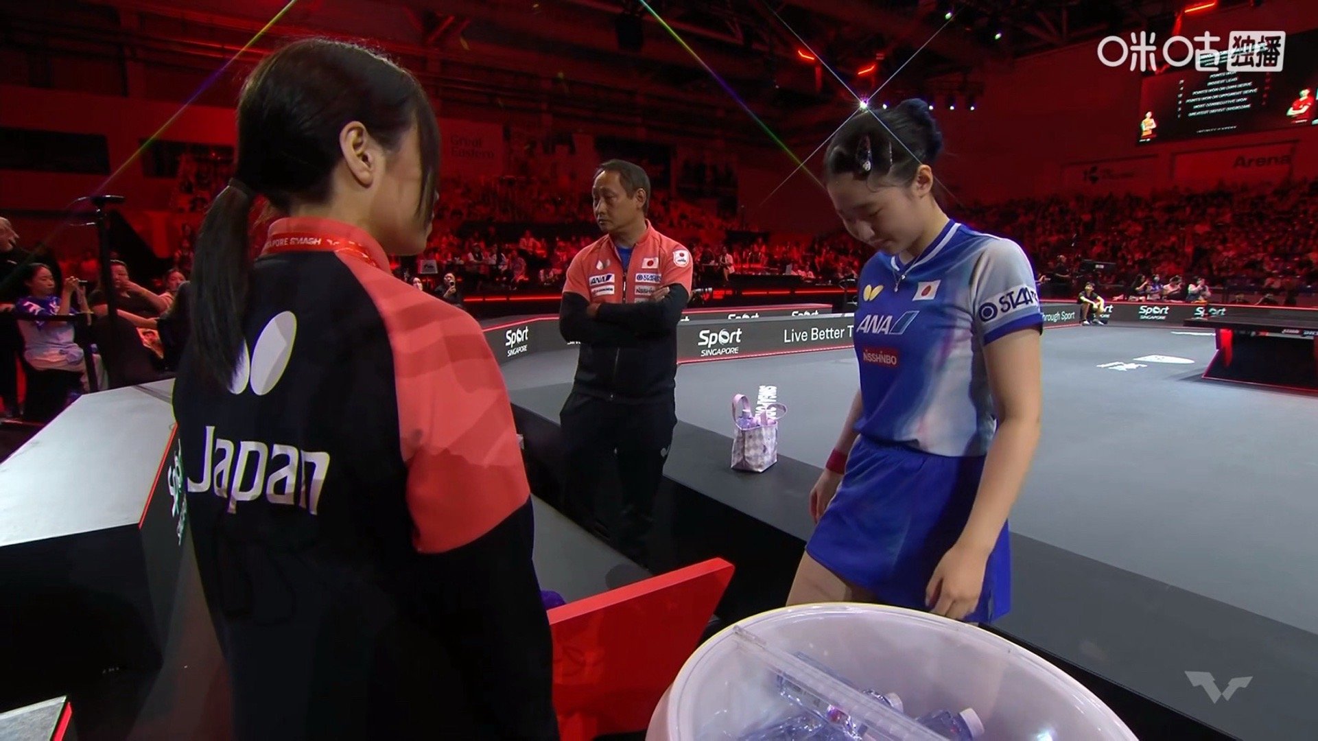 张本美和医疗暂停 WTT新加坡大满贯女单1/4，王曼昱对阵张本美和。张本美和因腿