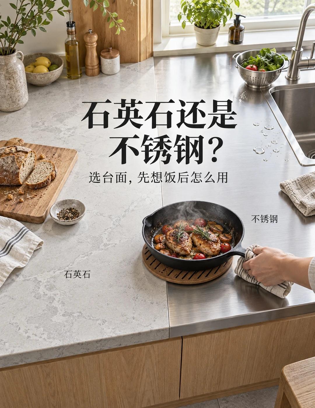 厨房台面选石英石还是不锈钢？
石英石和不锈钢，先别按样板间的“高级感”二选一。它