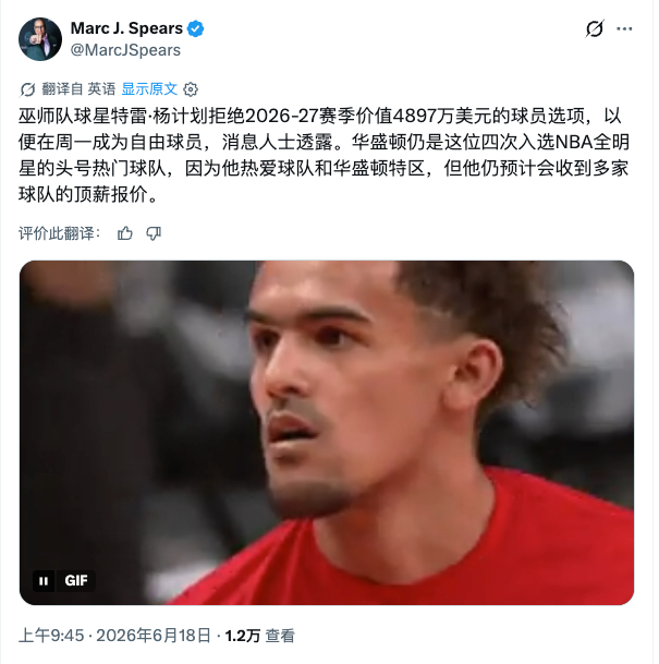 ESPN名记Marc J. Spears：特雷杨计划放弃4897万的球员选项，进