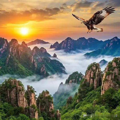 上联:落日裹金鸥扑浪
下联:青山叠翠鹰穿云