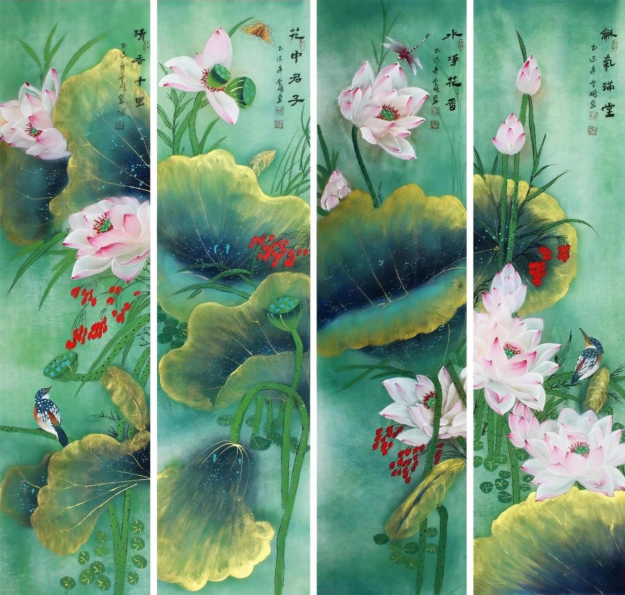 【和气满堂四条屏】荷花创作者中心 创作灵感 国画荷花 荷画 荷花画 尺寸：137