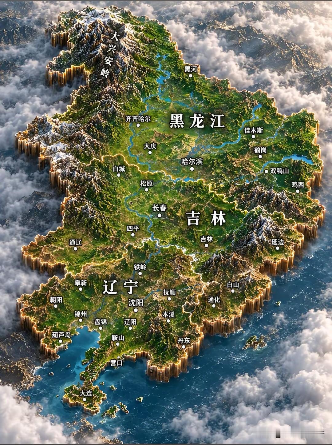 白山黑水，东北大地：翻开东北立体地形图，大兴安岭如一道巍峨屏障横亘西北，小兴安岭