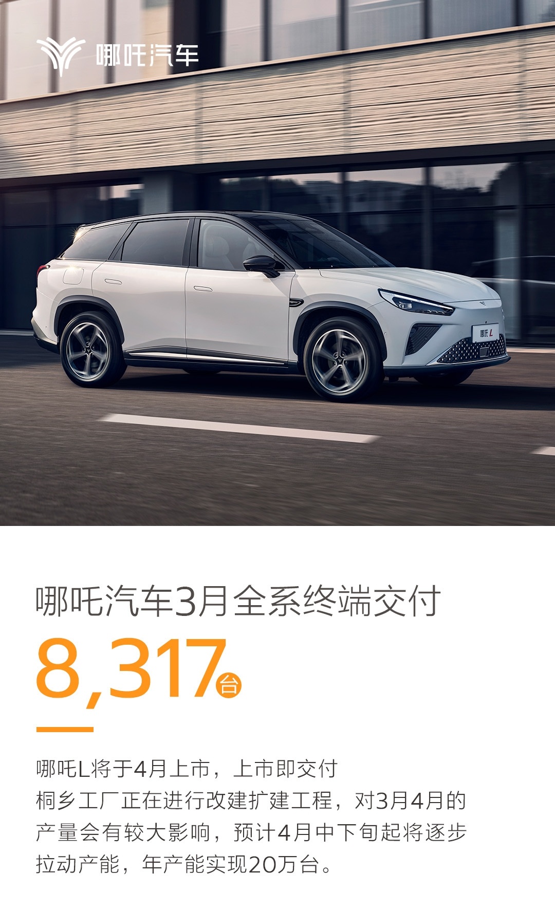 合众汽车公布3月哪吒全系交付辆：8,317台全新哪吒L将于4月上市并开启交付合众