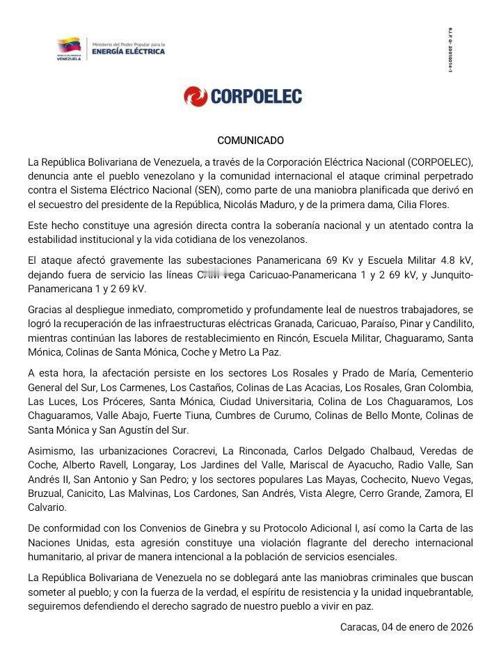 委国家武装部队已启动全面战备状态  委内瑞拉国家电力公司（CORPOELEC）通