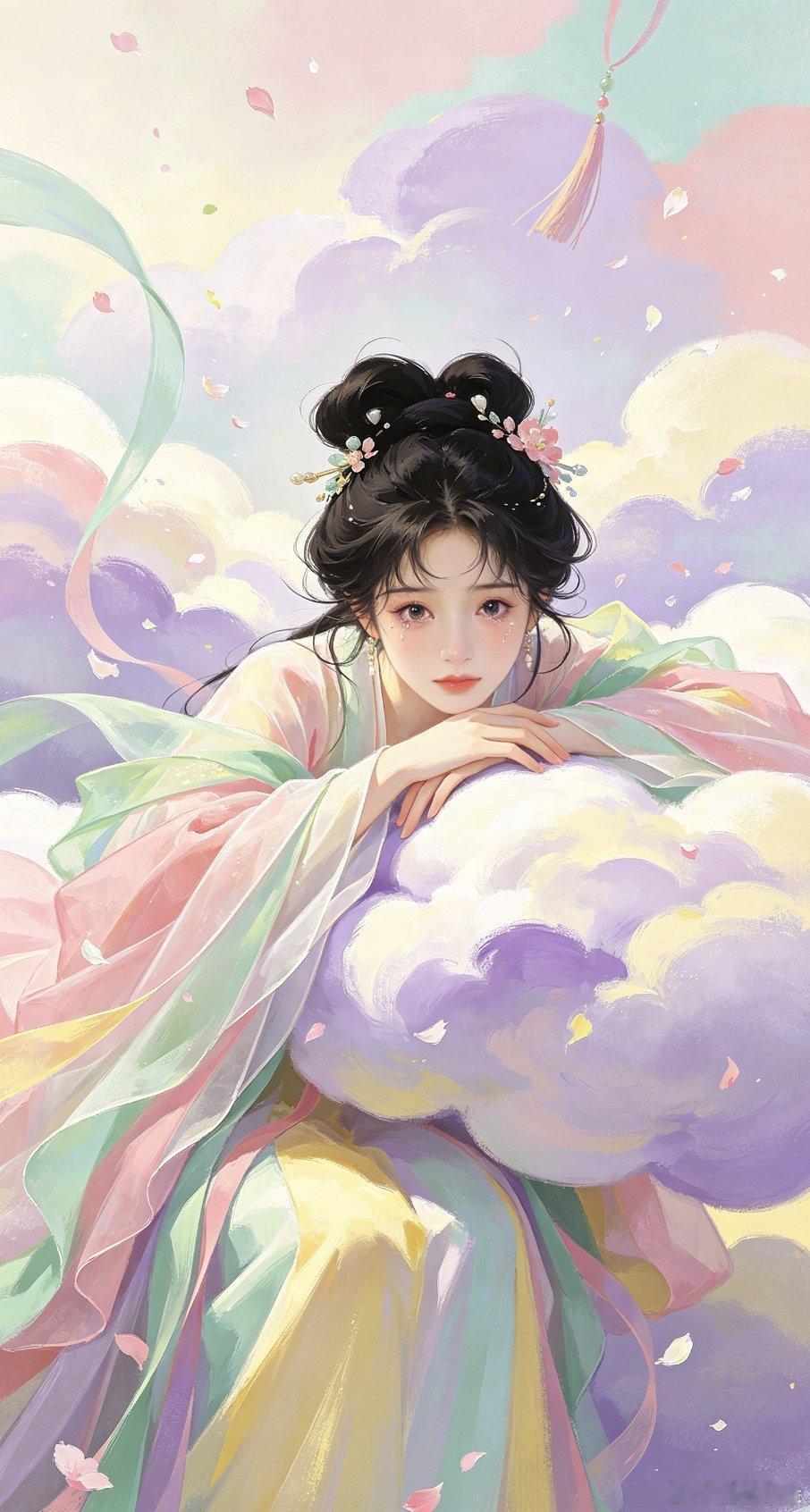七彩祥瑞云端仙女散花赐福国风壁纸 